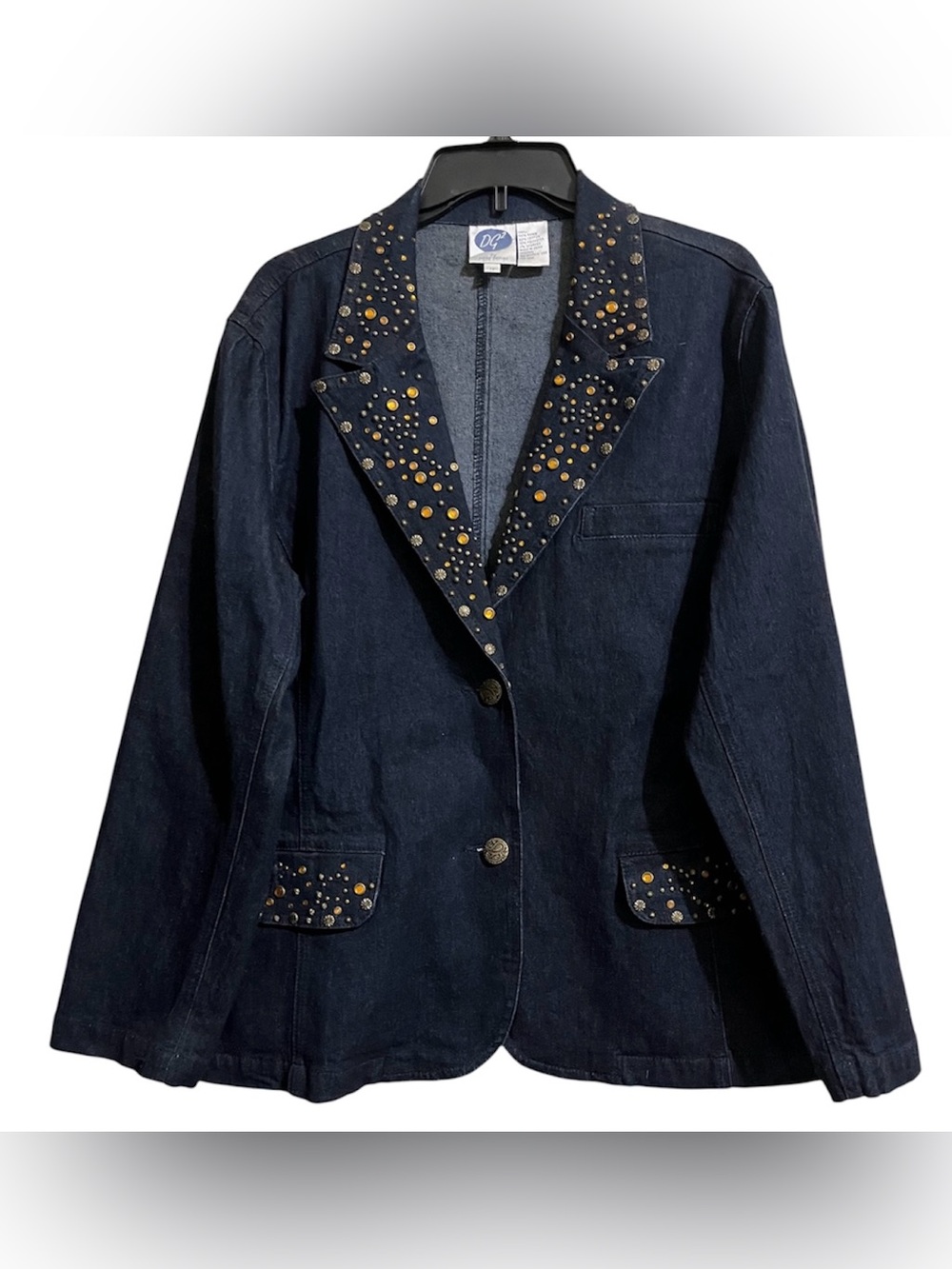 VINTAGE DG2 by Diane Gilman Dark Blue Denim Blazer Jacket with Gold Studs 1X